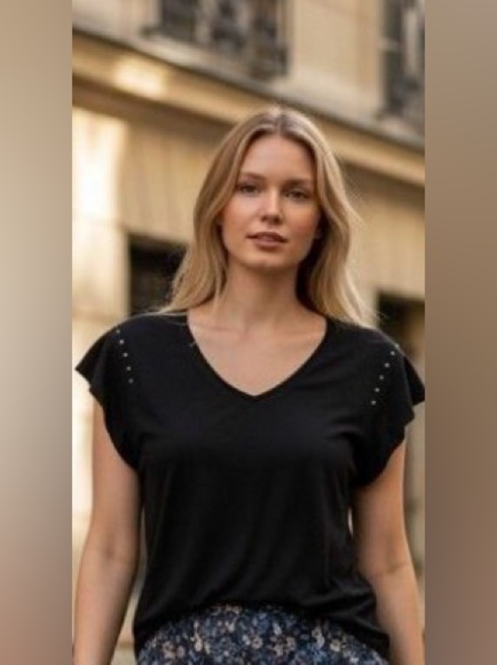 Promod Black Flutter Sleeve V Neck Tee Studded Shoulders Parisian Chic M